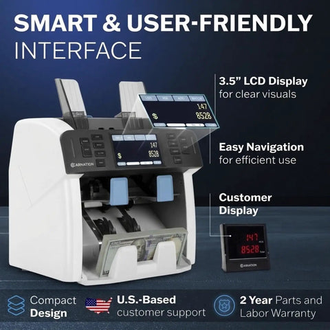 Hustle Ready Money Counter For Fast Cash Counting And Effortless Mixed Bill Sorting With Trusted Multi Currency Scanning, showing user-friendly interface with LCD display.