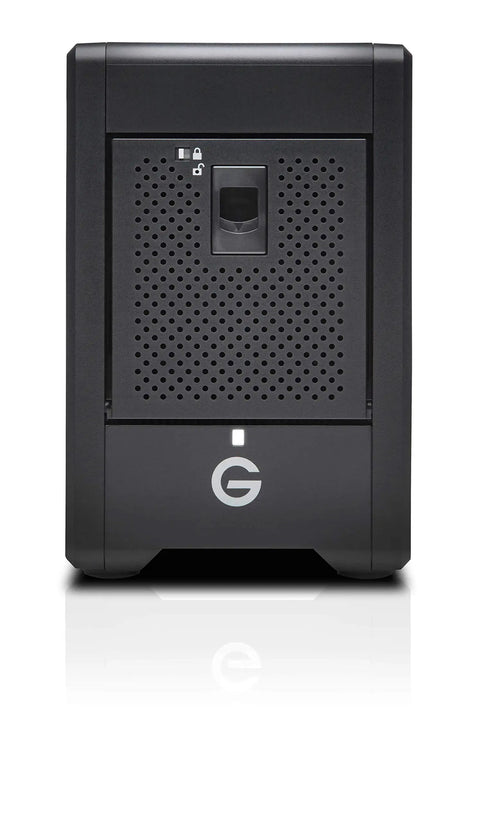 Front view of Heavy Duty 72TB Thunderbolt 3 Raid Drive Array With Four High Capacity Drives, matte black chassis.