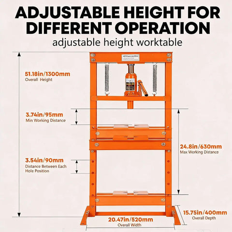 12 Ton Hydraulic Shop Press Built Tough Heavy Duty H Frame Floor Press With Movable Plates And 5 Hole Adjustable Throat For Bearing Bending Straightening And Forming Orange Workhorse For Auto Shop, showing adjustable height and dimensions.