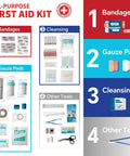350 Piece All Purpose Emergency First Aid Kit With Waterproof Case showing bandages, gauze pads, cleansing supplies, and tools