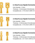 Close-up of 2.8mm, 4.8mm, and 6.3mm Male/Female connectors from the 600 Piece Gold Plated Spade Connectors Crimp Terminals Kit.