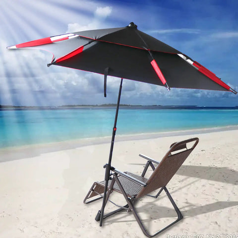 Durable Outdoor Patio Umbrella Clamp Stand And Deck Mount, Clip On Holder attached to a chair on a sandy beach