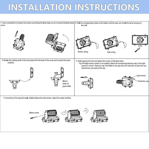 Installation instructions for Beefy 80W Rotatable LED Wall Pack Light With 5000K Cool White, including wiring and angle adjustment.