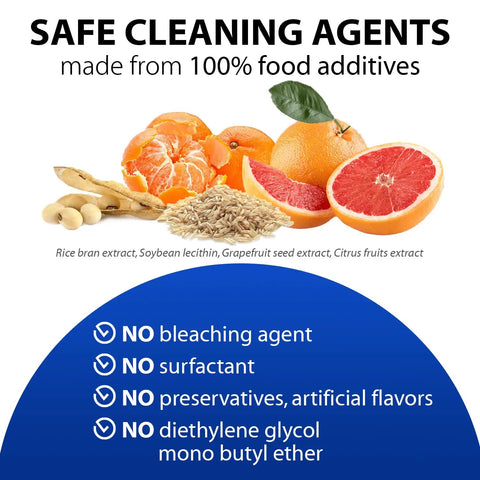 Powerful Vertuo Cleaning Pods And Capsules Cleaner Kit infographic showing plant-based ingredients with citrus and grain extracts.