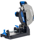 Beefed Up 15 Inch Metal Cutting Chop Saw With 3500 Plus Cuts Using EVOMAX 14 Inch Steel Blade Soft Start Motor E Brake Precision Shadow Line Guide Industrial Grade Power Saw For Fast Accurate Metal Cutting shown from the side.