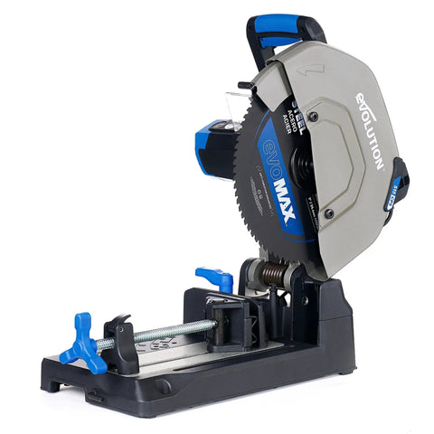 Beefed Up 15 Inch Metal Cutting Chop Saw With 3500 Plus Cuts Using EVOMAX 14 Inch Steel Blade Soft Start Motor E Brake Precision Shadow Line Guide Industrial Grade Power Saw For Fast Accurate Metal Cutting shown from the side.