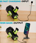 Rechargeable 2 Million Lumen Spotlight With Beastly Bright LED charging and power bank feature on tabletop, USB cable connected.