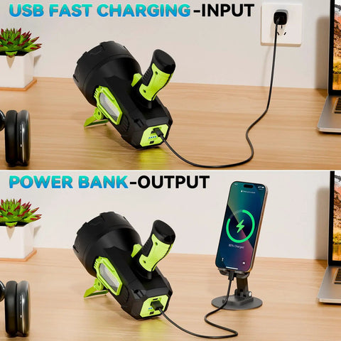 Rechargeable 2 Million Lumen Spotlight With Beastly Bright LED charging and power bank feature on tabletop, USB cable connected.