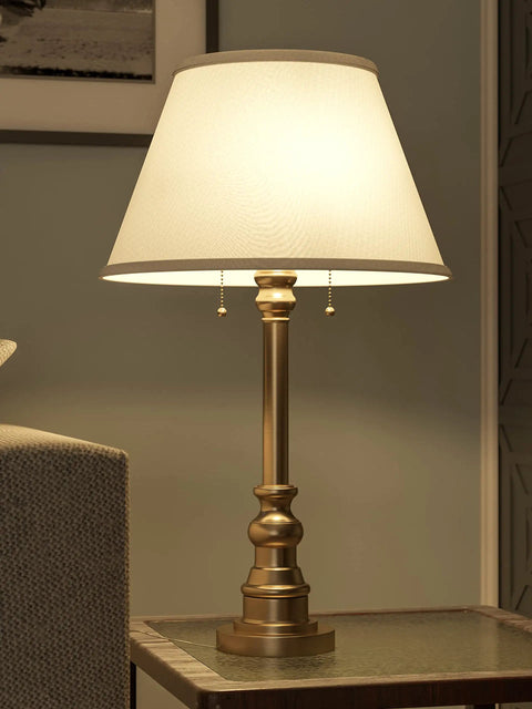 Spyglass Table Lamp With Antique Brass Finish Dope Retro Modern Classic Vibe Linen Shade 30.5 Inch Tall bedside view.