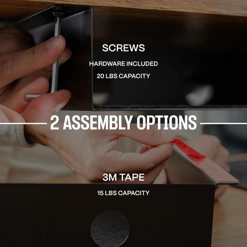 Under Desk Storage Shelf Mountable Add On For Tables And Office Desks Carbon Steel With Cable Management Tray Matte Black Finish, showing hands installing with screws and tape options.
