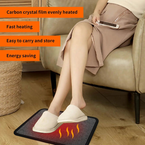 Woman using Under Desk Heated Floor Mats With 110V Foot Warmer Keeps Toes Toasty All Day At Work Or Home Quick Heating Foot Pad