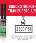 InstantWeld 2 Pack Clear Epoxy Adhesive features strong bonding, emphasizes 2300 PSI tensile strength, shown with red and green packaging.