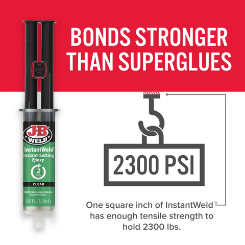 InstantWeld 2 Pack Clear Epoxy Adhesive features strong bonding, emphasizes 2300 PSI tensile strength, shown with red and green packaging.