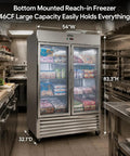 No Fuss Commercial Reach In Freezer 54 Inch Wide Double Glass Door 46 Cubic Feet in kitchen displaying frozen goods.