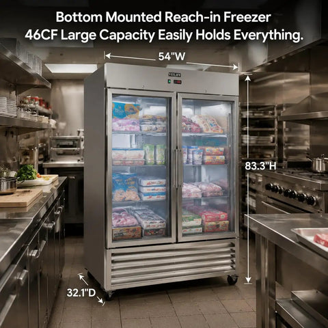 No Fuss Commercial Reach In Freezer 54 Inch Wide Double Glass Door 46 Cubic Feet in kitchen displaying frozen goods.