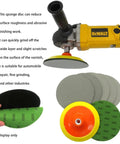 Flex 5 Inch Pyramid Sponge Sanding Disc With Hook Loop Foam Base For Curved Surfaces Perfect Grit Polishing Orbital Sanders And Detail Jobs Smooth Finish, shown with various grits and power sander.