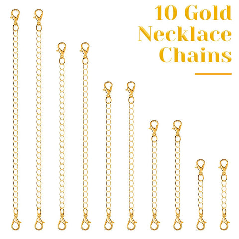 Go-To Gold Jewelry Extenders Set For Necklaces, Bracelets, And Anklets, 10 Pieces In Assorted Sizes, Stainless Steel Chain Extenders