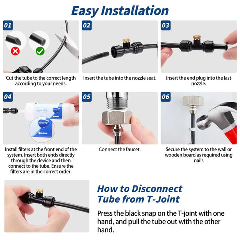Installation steps for outdoor misting system with 59 ft black PU tubing, brass nozzles, and adapter for patio and yard cooling.