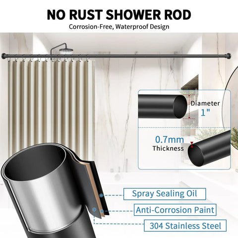 Black Adjustable Shower Curtain Rod 36 To 84 Inches Stainless Steel Non Rust Spring Tension No Drilling