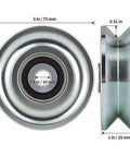 Front and side views of Skelang 3-in V-groove gate wheel with double bearings for inverted-V track.