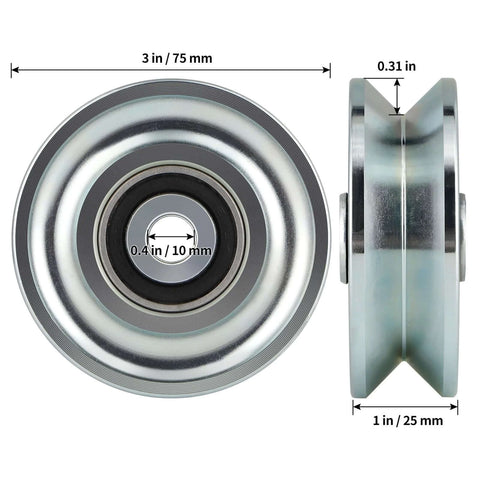 Front and side views of Skelang 3-in V-groove gate wheel with double bearings for inverted-V track.