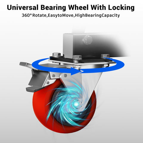 Universal bearing wheel with locking, showing 360-degree rotation and high bearing capacity, red with grey bracket.