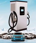 Heavy Duty EV Fast Charger With Kickin DC Fast Charging System And Rugged Steel Cabinet Built Tough For Big Rig Depots And Job Sites Featuring No Sweat Weatherproof IP54 Housing GBT Plug And Keyless Fob Access next to various cars.