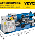 Badass Precision Bench Top Mini Metal Lathe 7X14 Inch with variable speed and heavy duty cast iron frame, showing specifications.