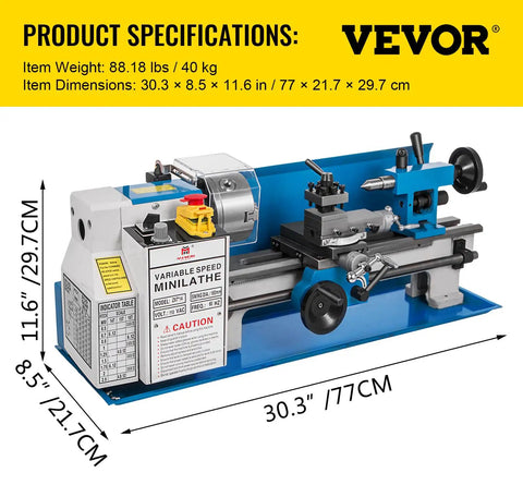 Badass Precision Bench Top Mini Metal Lathe 7X14 Inch with variable speed and heavy duty cast iron frame, showing specifications.