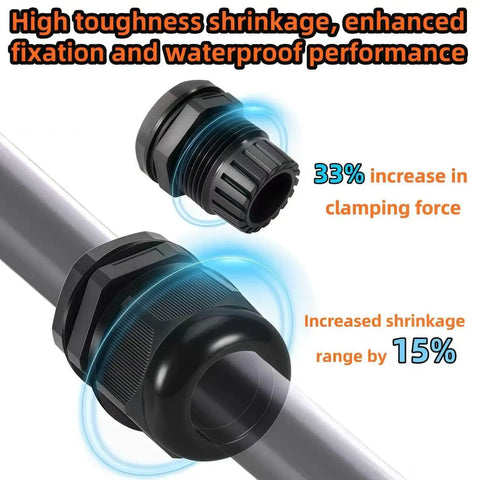 Heavy Duty 10 Pack 1/2 NPT Black Nylon PA66 IP68 Waterproof Adjustable Cable Glands with Gaskets shown on a conduit