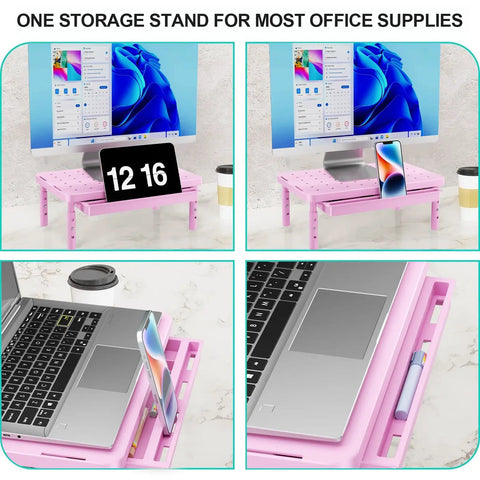 Pink Monitor Stand With Storage, Desk Riser And Laptop Elevation, 3 Height Adjustable Levels, Airflow Vents, Non Slip Feet, Desktop Organizer