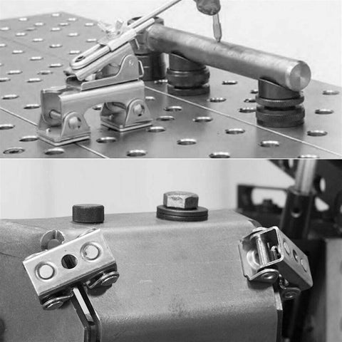 4 Piece V Type Welding Clamps Set With Adjustable Jig Holder And V Pads for welding metal surfaces in workshop.