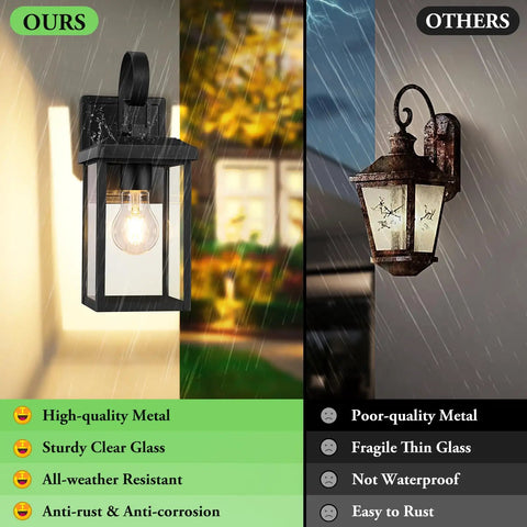 Premium Black Outdoor Wall Light Fixtures Built Different For Any Season Porch Sconces Heavy Metal with Clear Glass against rain backdrop.