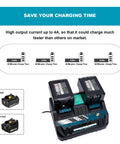 Twin Ports Battery Charger DC18RD with two 18V batteries, charging indicator and time chart