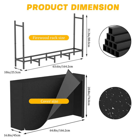 Diagram of Tough As Nails Heavy Duty Outdoor Firewood Storage Rack with dimensions and 600D cover shown separately.