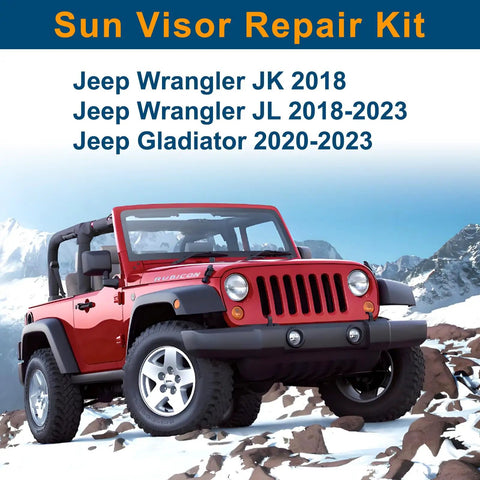 Red Jeep Wrangler in snowy mountains with text: Sun Visor Repair Kit for Wrangler JK JL Gladiator 2018-2023