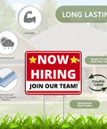 Now Hiring Signs Double Sided Yard Signs 17 Inches By 13 Inches With Stakes 2 Pack Corrugated Plastic Help Wanted Signs For Your Business Easy Install No Tools Needed Big Bold Letters displayed on grass with features labels.