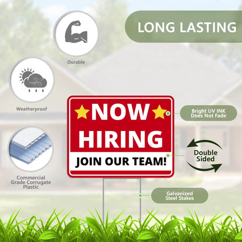 Now Hiring Signs Double Sided Yard Signs 17 Inches By 13 Inches With Stakes 2 Pack Corrugated Plastic Help Wanted Signs For Your Business Easy Install No Tools Needed Big Bold Letters displayed on grass with features labels.
