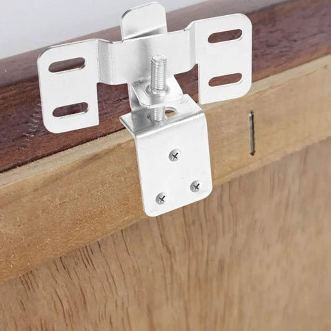 Heavy-Duty Adjustable Picture Hangers Set With Silver Frame Hooks For Wall And Drywall Frames, 6-Pcs Multi-Hook Hardware Kit For Securely Hanging Large Photos And Gallery Wall Art. Silver metal frame hook mounted on wood edge