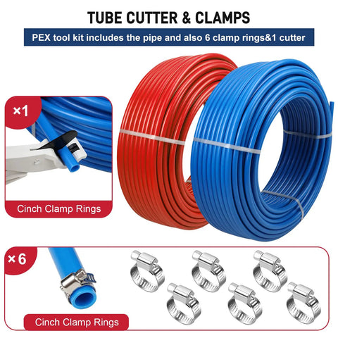 One Half Inch Tubing 300 Feet Two Rolls With EVOH Non Oxygen Barrier PEXB Pipe Durable Leakproof Flexible Easy Install For Home Plumbing And Radiant Heating Red And Blue with cutter and clamps