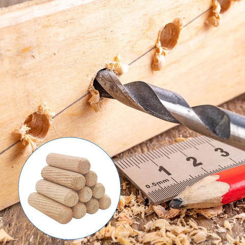 30 Pcs Wooden Dowels Assorted Set Fluted Grooved Dowel Pins in 6mm 8mm 10mm used in woodworking with drill and ruler