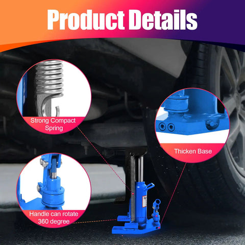 Bulletproof 20 Ton Hydraulic Toe Jack and Bottle Jack Kit Featuring Detachable Swivel Grip for Easy Low Clearance Lifts Slick Auto Shop Tool Skip the Hassle on Routine Maintenance Rigs Blue showing strong spring, thick base, and 360-degree handle.