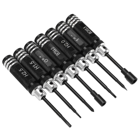 7 Piece Hex Slot Cross Bit Set With High Speed Steel Bits And Aluminum Alloy Handles arranged side by side, showing diverse bit sizes for RC models and maintenance work.
