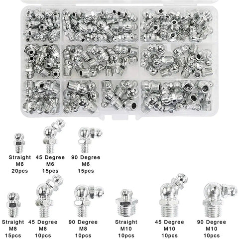 Grease Fittings Assortment Kit, 230Pcs Steel Zerk Nipples In Straight, 90-Degree, And 45-Degree Angles, M6 M8 M10 displayed in box