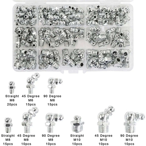Heavy Duty 230 Piece Steel Zerk Grease Nipple Fitting Assortment Kit With Straight And Angled 45, 90 Degree Styles M6 M8 M10 For Car Bike Repair, assorted steel fittings in storage box