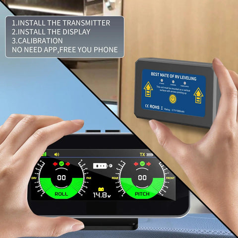 Wireless Rv Leveling System With Lcd Display For Travel Trailers Five Minute Install No App Or Phone Needed Super Easy Wall Suction Mounts Solid Plug Play Rig For Smooth Camper Adventures, showing installation steps and LCD screen.
