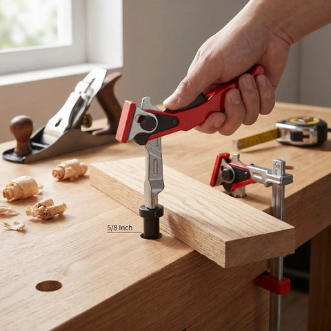 Two Pack Welding Table Clamps For Three Quarter Inch Dog Holes Heavy Duty Workbench Clamps with beefy grips in use on wood