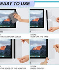 Installation steps for 3 Pack Monitor Memo Board Set For Computer Monitors, showing cleaning, taping, aligning, and pressing steps.