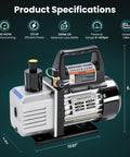 One Third Horsepower Single Stage Rotary Vane Vacuum Pump Kit With R134a Manifold Gauge Set Leak Detector showing product specifications with dimensions.