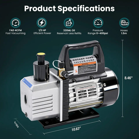 One Third Horsepower Single Stage Rotary Vane Vacuum Pump Kit With R134a Manifold Gauge Set Leak Detector showing product specifications with dimensions.